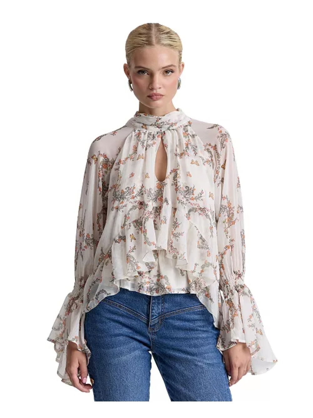 Avec Les Filles Cream Floral Keyhole Ruffle Blouse